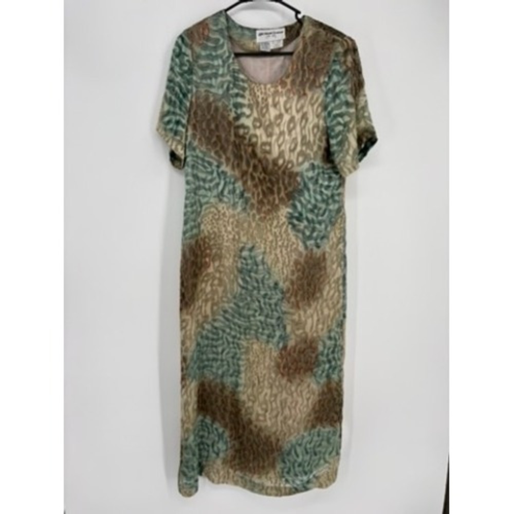 Aliki Yamani Creations Dress Women S Green Tan Silk‎ Burnout Animal Print Maxi